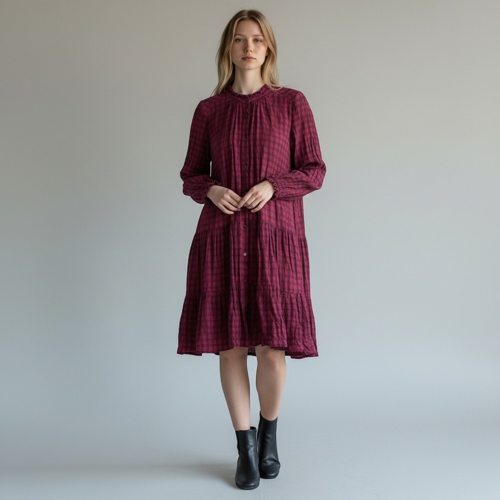 Gap Tiered Tartan Plaid Midi Dress Women Size Lg Red Black Dark Academia Grunge